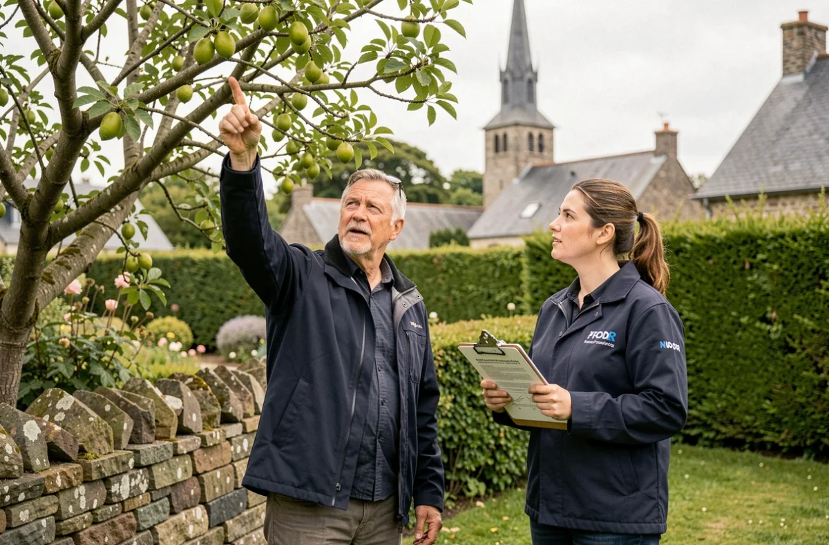 Propriétaire en Finistère consultant une arboriste professionnelle dans son jardin devant un tilleul à élaguer