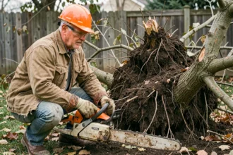 Homme en équipement de sécurité découpant un arbre déraciné avec une tronçonneuse dans un jardin résidentiel