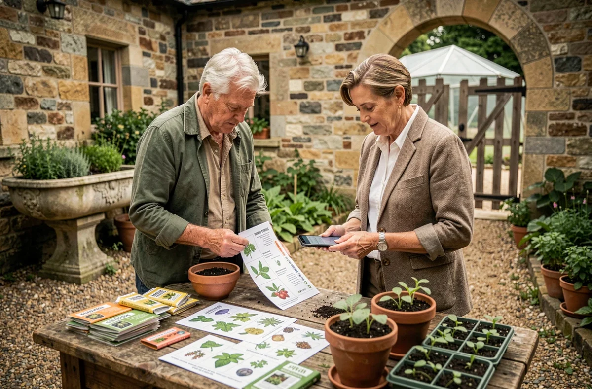 Couple de jardiniers consultant un guide de permaculture et une base de données d'associations de plantes dans un jardin potager en pierres