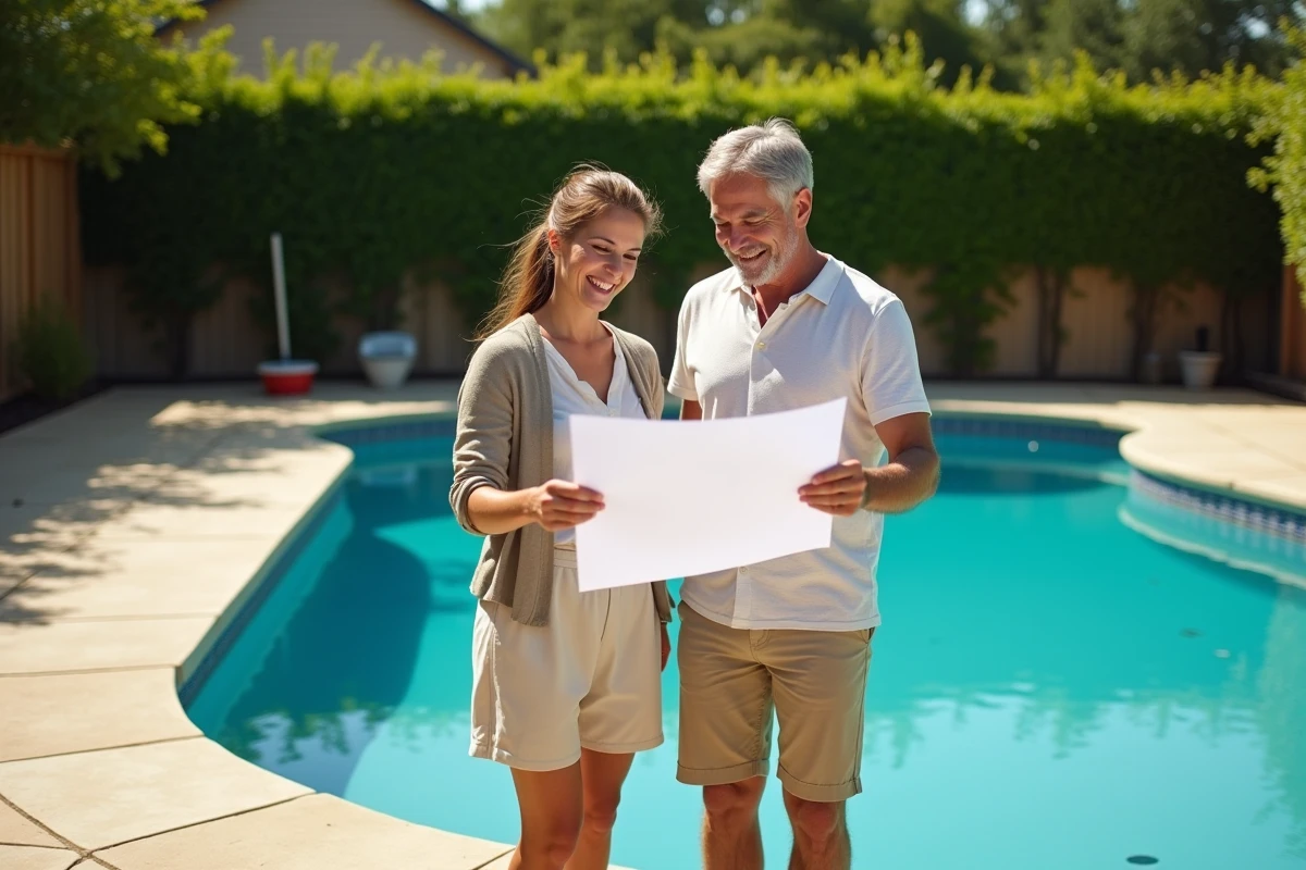 Couple satisfait inspectant leur piscine coque nouvellement installée avec margelles en travertin