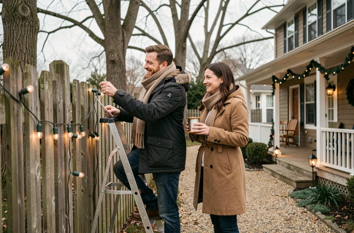 Couple accrochant des guirlandes lumineuses extérieures sur la clôture en bois de leur jardin pour décorer la façade à Noël