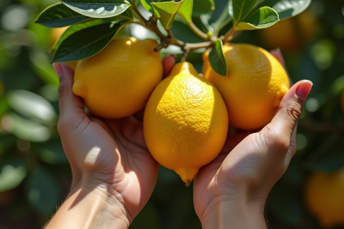 Mains récoltant des citrons mûrs sur un citronnier en plein jour