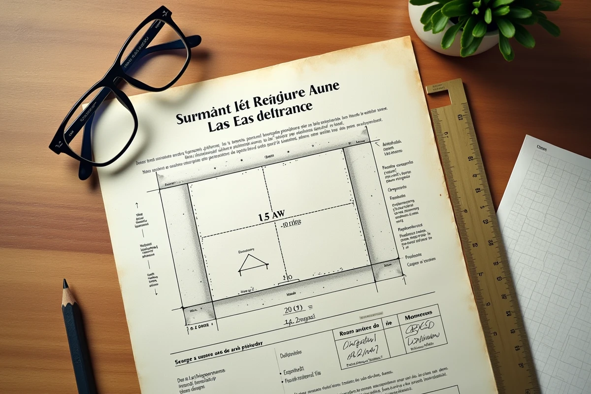 Bureau avec documents cadastraux et calculs manuscrits de conversion entre hectares et ares pour un guide pratique foncier