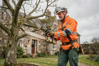Élagueur professionnel en tenue de sécurité taillant un chêne dans un jardin en Finistère avec une maison en pierre bretonne en arrière-plan