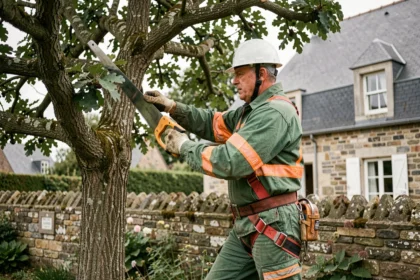 Élagueur professionnel en tenue de sécurité taillant un chêne dans un jardin avec maison bretonne en arrière-plan à Saint-Malo