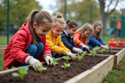 Enfants plantant des semis dans le jardin scolaire