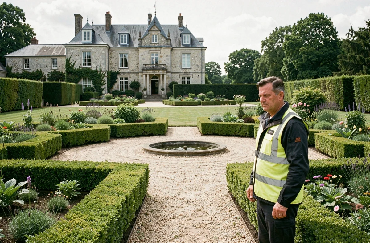 Chef de chantier de l'Entreprise Paysagiste Fieg supervisant l'installation d'un jardin formel avec haies de buis et allée en gravier