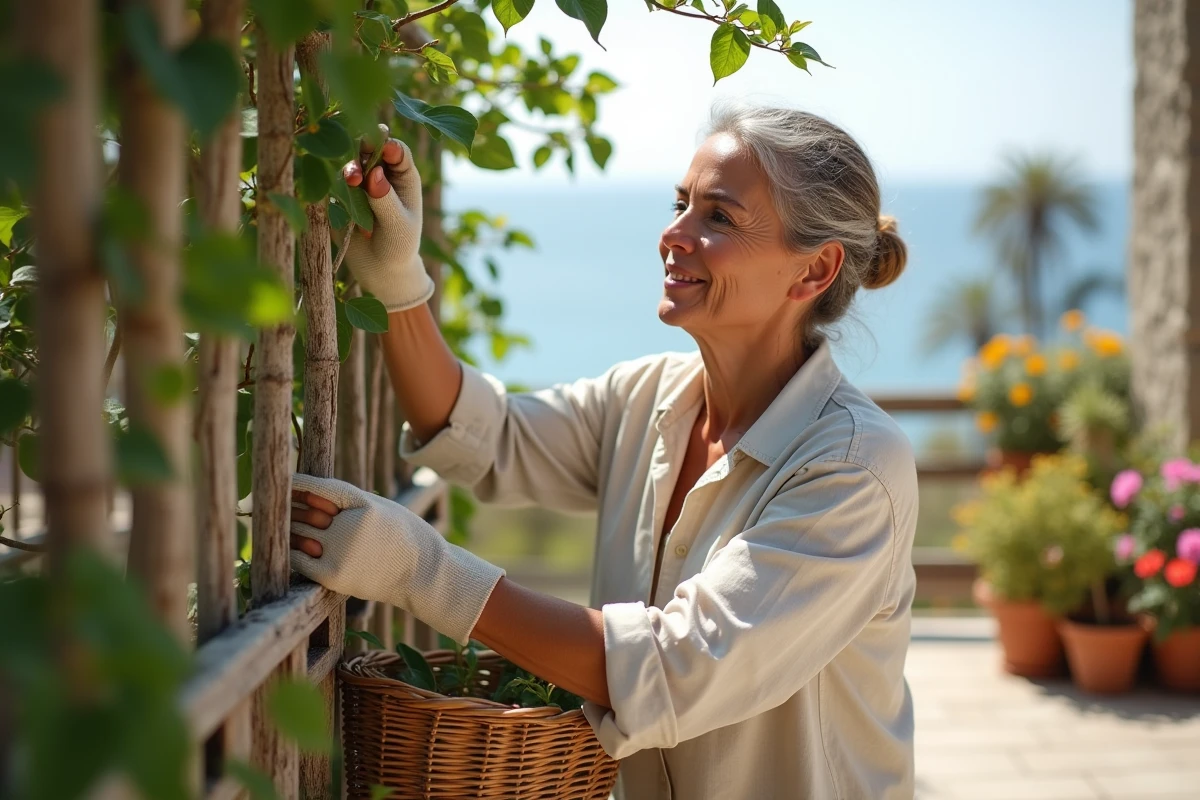 Femme entretenant un bougainvillier en espalier sur une terrasse côtière avec vue sur la mer