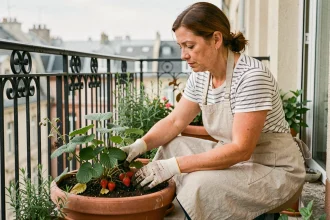 Femme entretenant des fraisiers en pot sur un balcon urbain, retirant les feuilles mortes d'une jardinière en terre cuite