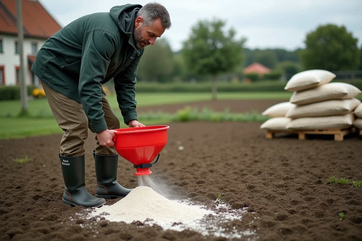 Homme épandant de la chaux agricole sur un potager au sol acide
