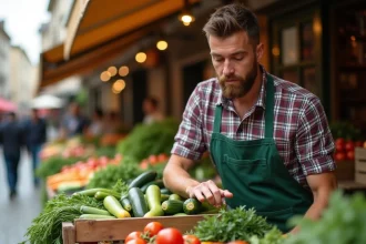 Épicier présentant des légumes locaux et de saison sur un étal de marché en plein air
