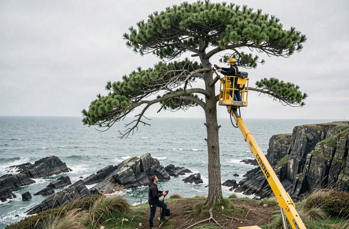 Deux élagueurs professionnels travaillant en équipe sur un pin maritime près des falaises côtières du Finistère
