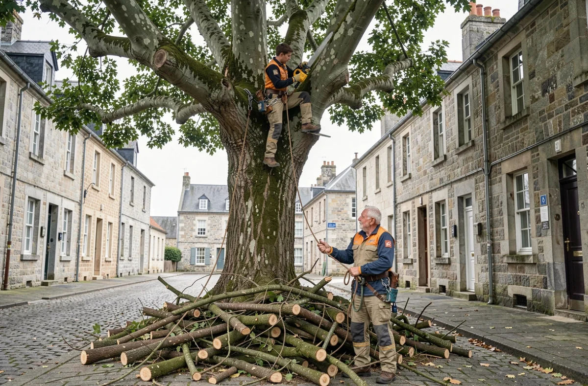 Deux élagueurs travaillant en équipe sur un platane dans une rue pavée de Saint-Malo avec maisons en granit en arrière-plan