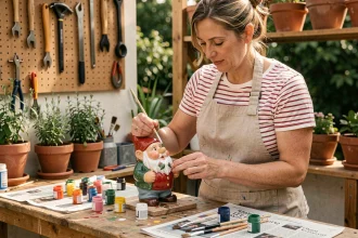 Femme peignant un nain de jardin en céramique dans un atelier extérieur fait maison