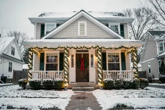 Façade de maison de banlieue décorée pour Noël avec guirlandes lumineuses blanches et couronne de pin sur la porte d'entrée en bois sombre