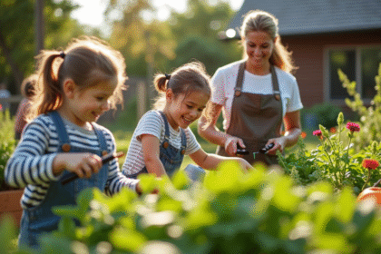 Famille multigenerations jardinant dans un jardin communautaire ensoleille