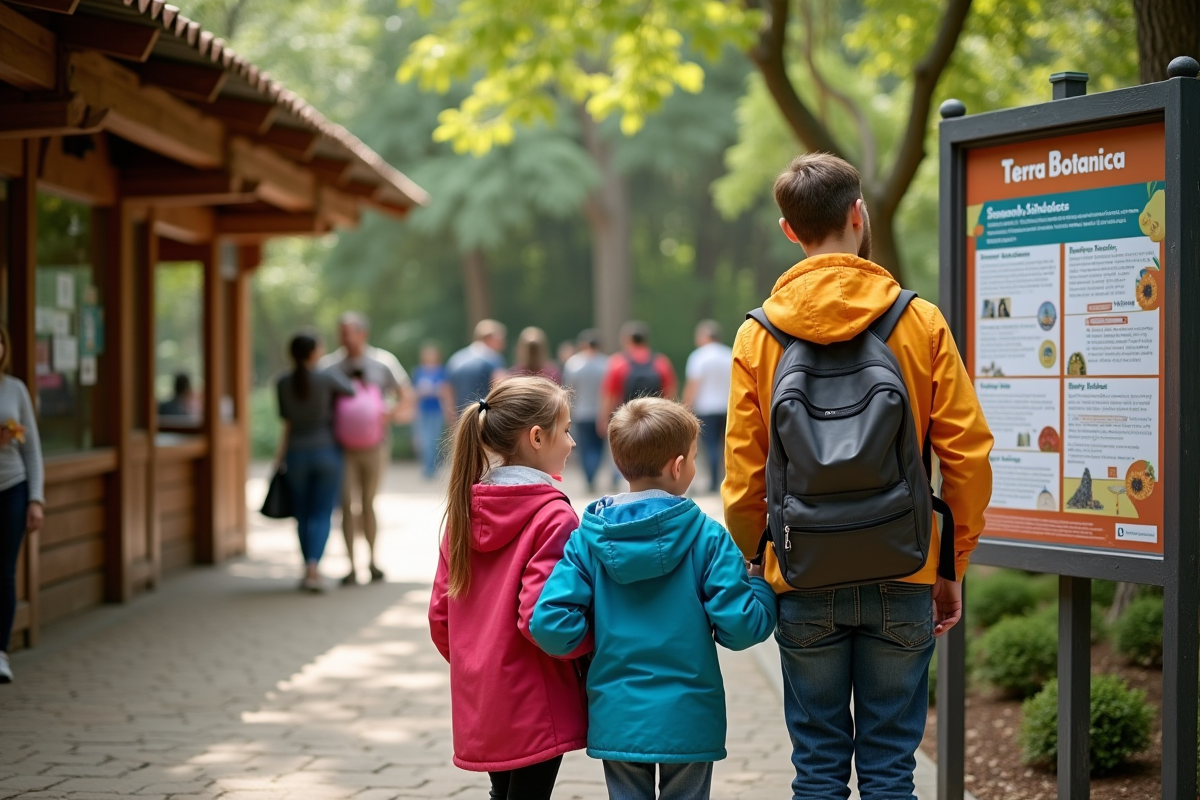 Famille avec enfants regardant panneau saisonnier dehors