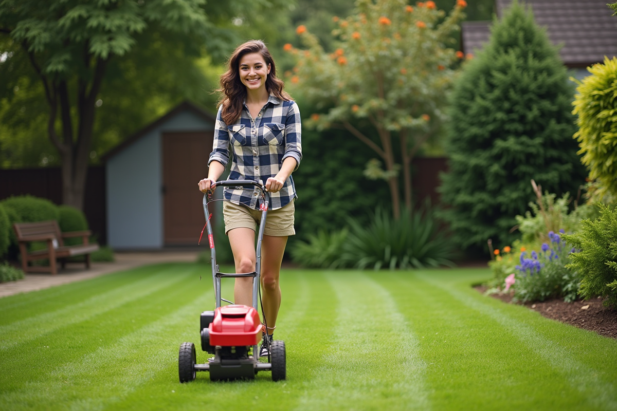 Jeune femme souriante utilisant un aérateur de pelouse dans le jardin