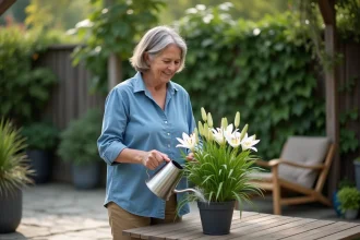 Femme arrosant une lys dans un jardin en plein air