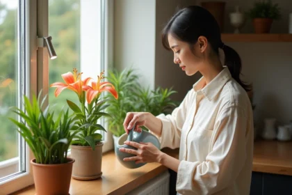 Femme arrosant une lys dans la cuisine lumineuse