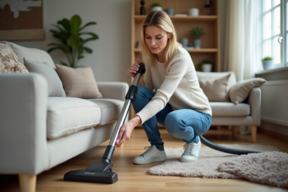 Femme à l'aspirateur dans un salon moderne et propre