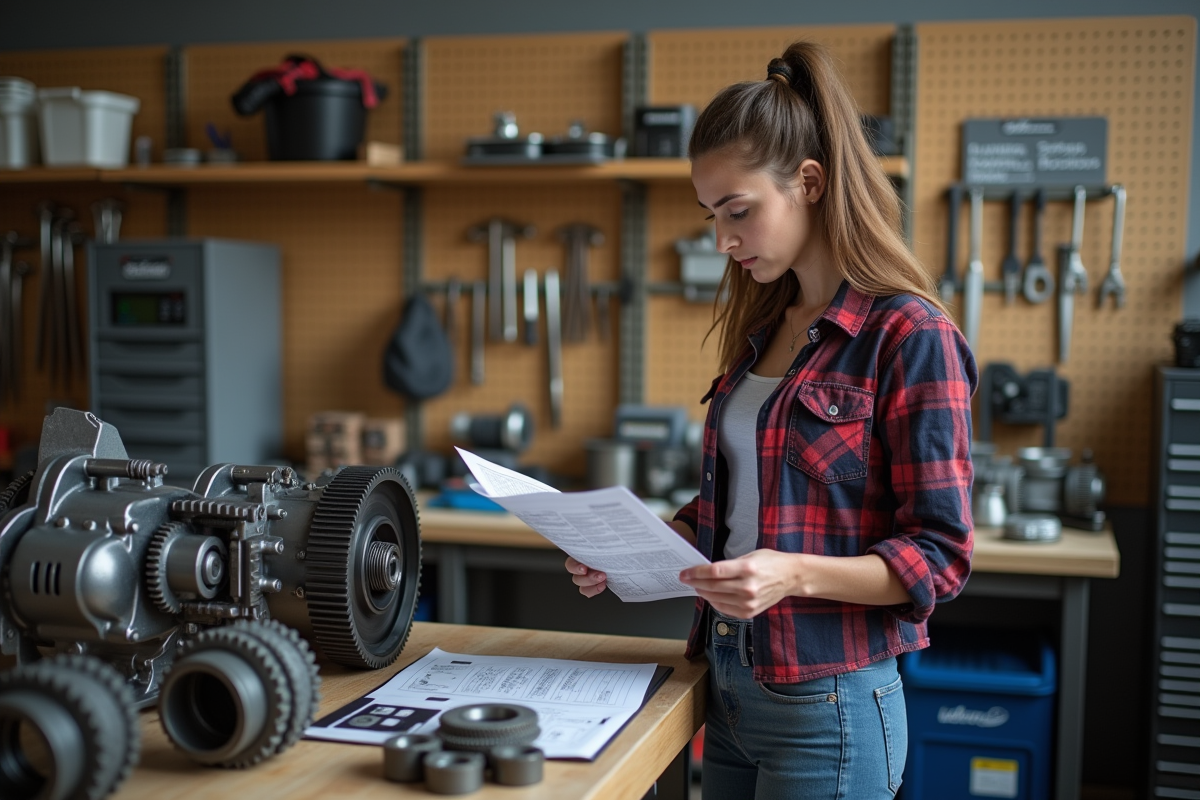 Jeune femme lisant manuel technique dans atelier