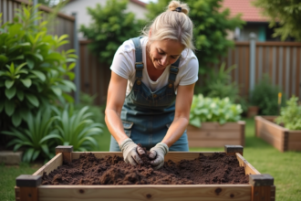 Femme inspectant compost dans un jardin en plein air