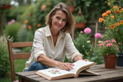 Femme lisant un dictionnaire de fleurs dans un jardin