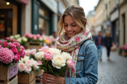 Femme souriante dans un marché aux fleurs en plein air