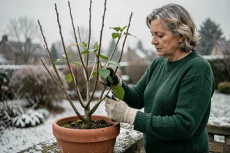 Femme inspectant un hibiscus en pot sur une terrasse hivernale pour détecter parasites et maladies