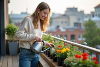 Femme souriante arrosant ses plantes sur un balcon urbain