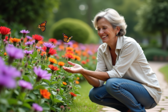 Femme au jardin avec papillons et fleurs colorées