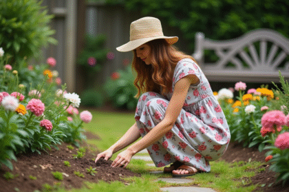 Femme plantant des fleurs colorées dans un jardin verdoyant