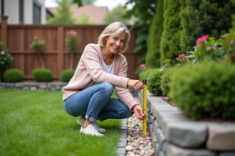 Femme mesurant une bordure en pierre dans son jardin