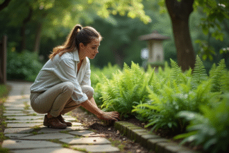 Femme en jardin plantant des fougères dans un espace vert