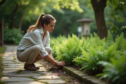 Femme en jardin plantant des fougères dans un espace vert