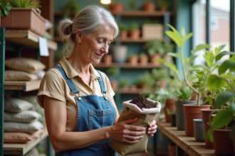 Femme en salopette examine un sac de terreau dans un centre jardin