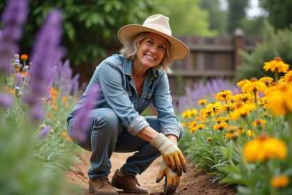 Femme en jardinage avec fleurs résistantes au soleil