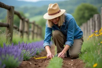 Femme en chapeau de paille mesurant la lavande dans le jardin