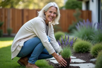 Femme plantant de la lavande dans un jardin calme
