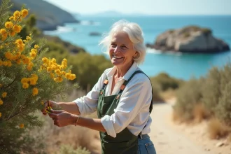 Femme en jardinage près de la mer avec mimosa en fleurs