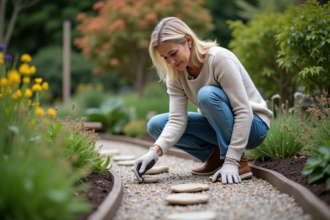 Femme d'âge moyen posant des pierres décoratives dans le jardin