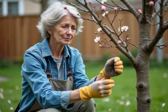 Femme inspectant les branches d un prunus en fleurs dans son jardin