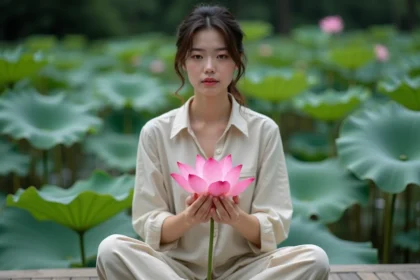 Femme contemplant un lotus rose dans un cadre naturel