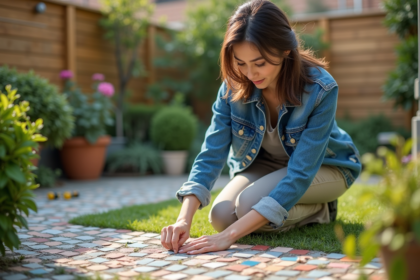 Jeune femme arrangeant des carreaux de mosaïque dans un jardin urbain