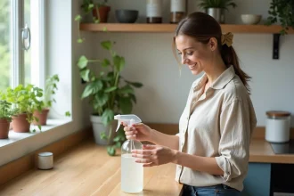 Jeune femme verse nettoyant écologique dans un spray en cuisine