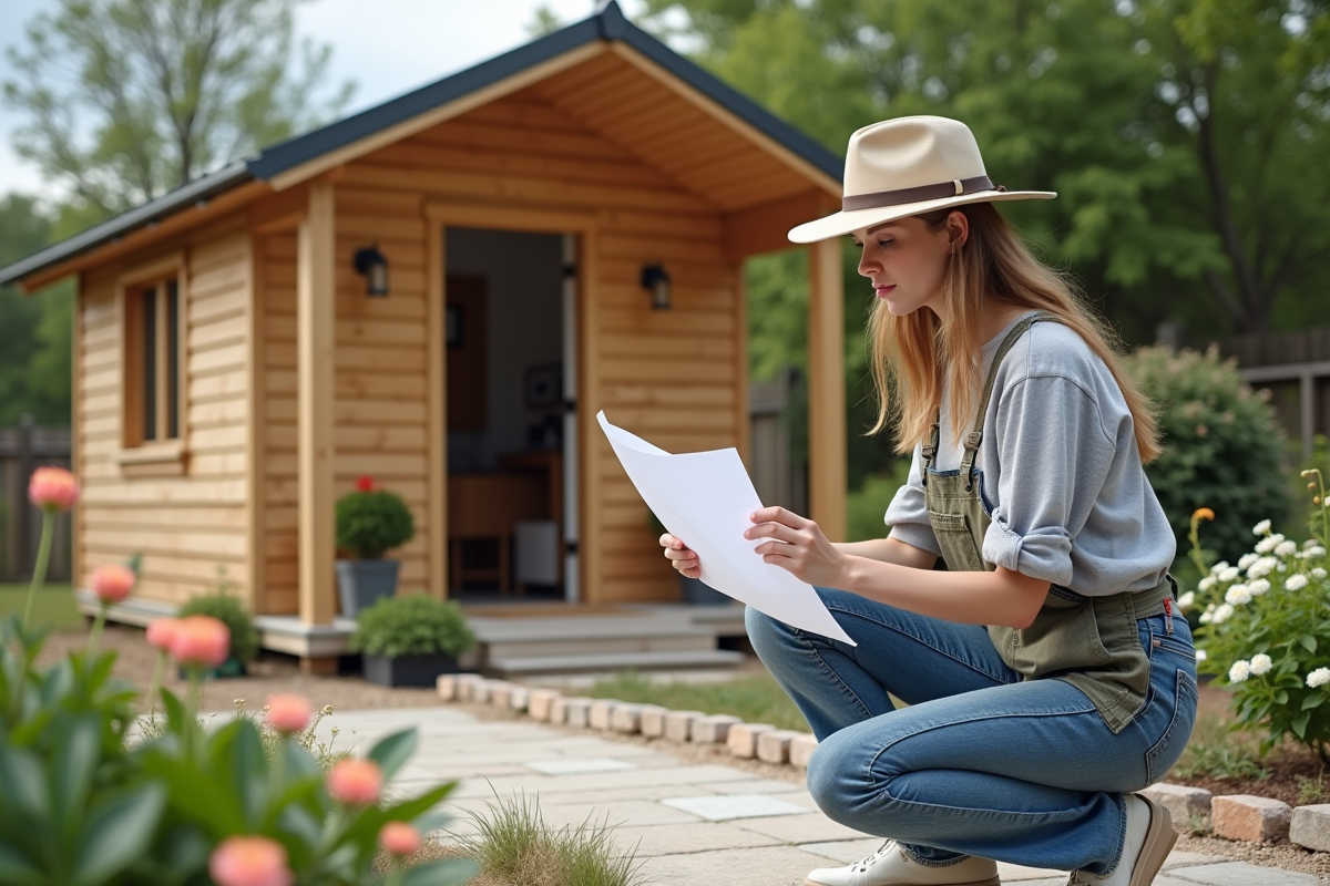 Jeune femme en jardinage examine plans près d