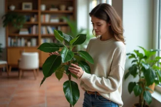 Jeune femme nettoyant un ficus dans un salon lumineux