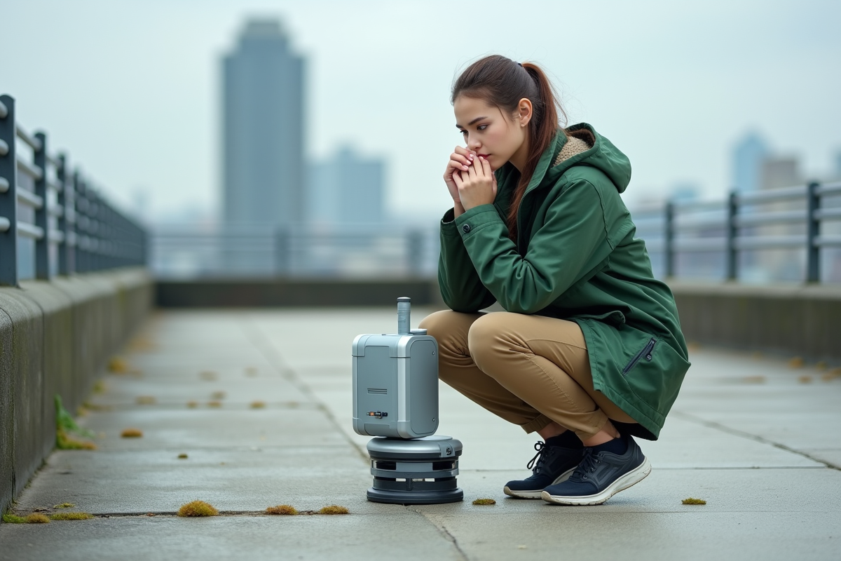 Jeune femme posant une station météo sur un toit urbain