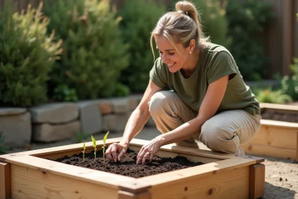 Femme jardinant dans un potager en carré surélevé en bois de cèdre avec des plantules dans un jardin résidentiel